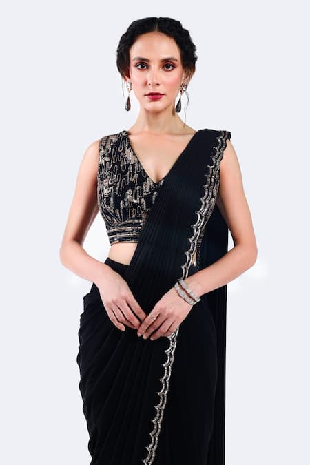 Shop_Onaya_Black Lycra, Net Sequins, Cut Work, Embroidery Sequence Pre-draped Saree Set_Online_at_Aza_Fashions