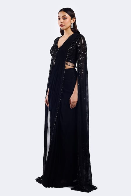 Onaya Black Georgette Beads V-neck Sequin Embroidered Pre-draped Saree Set Online at Aza Fashions Onaya_Black Georgette Beads V-neck Sequin Embroidered Pre-draped Saree Set _Online_at_Aza_Fashions