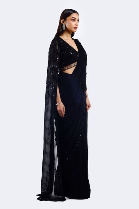 Buy Onaya Black Georgette Beads V-neck Sequin Embroidered Pre-draped Saree Set Online at Aza Fashions Buy_Onaya_Black Georgette Beads V-neck Sequin Embroidered Pre-draped Saree Set _Online_at_Aza_Fashions