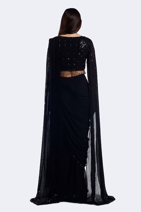 Shop Onaya Black Georgette Beads V-neck Sequin Embroidered Pre-draped Saree Set at Aza Fashions Shop_Onaya_Black Georgette Beads V-neck Sequin Embroidered Pre-draped Saree Set _at_Aza_Fashions