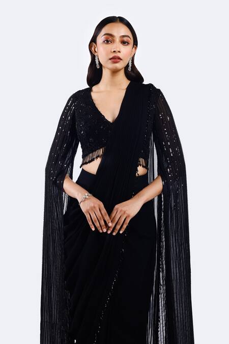Shop Onaya Black Georgette Beads V-neck Sequin Embroidered Pre-draped Saree Set Online at Aza Fashions Shop_Onaya_Black Georgette Beads V-neck Sequin Embroidered Pre-draped Saree Set _Online_at_Aza_Fashions