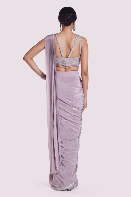 Onaya Purple Embroidered Pre-Draped Saree Set 