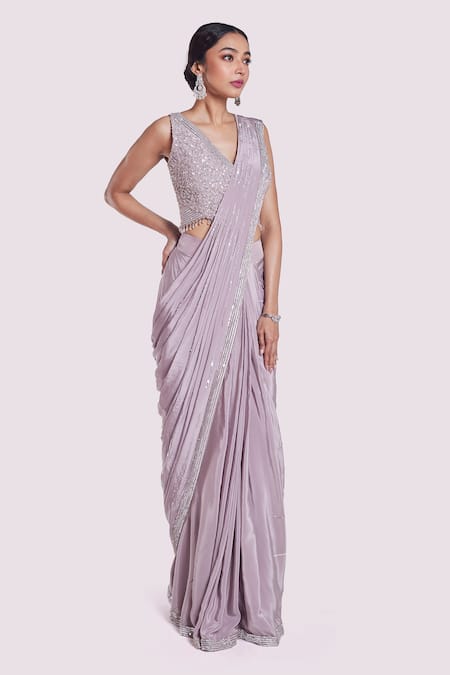 Onaya Purple Crepe Embroidery, Stones V-neck Pre-draped Saree Set Online at Aza Fashions Onaya_Purple Crepe Embroidery, Stones V-neck Pre-draped Saree Set _Online_at_Aza_Fashions