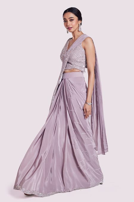 Buy Onaya Purple Crepe Embroidery, Stones V-neck Pre-draped Saree Set Online at Aza Fashions Buy_Onaya_Purple Crepe Embroidery, Stones V-neck Pre-draped Saree Set _Online_at_Aza_Fashions