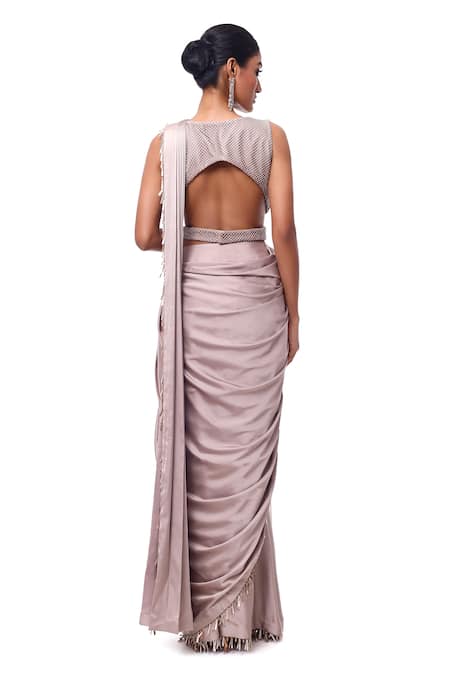 Shop_Onaya_Gray Satin Sequins, Beads V-neck Grey Pre Draped Saree Set _at_Aza_Fashions