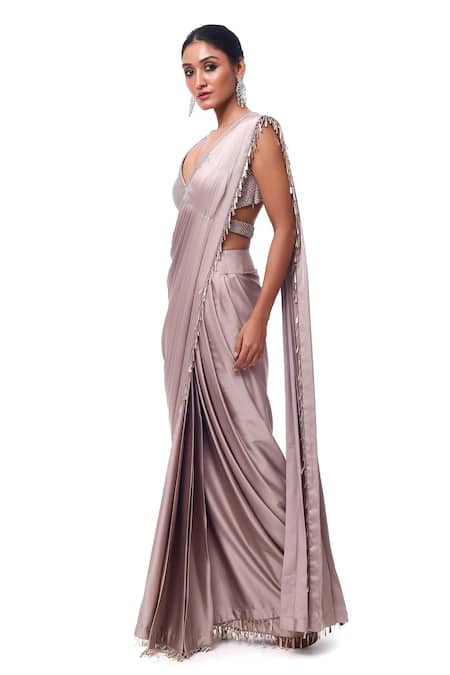 Buy_Onaya_Gray Satin Sequins, Beads V-neck Grey Pre Draped Saree Set _Online_at_Aza_Fashions