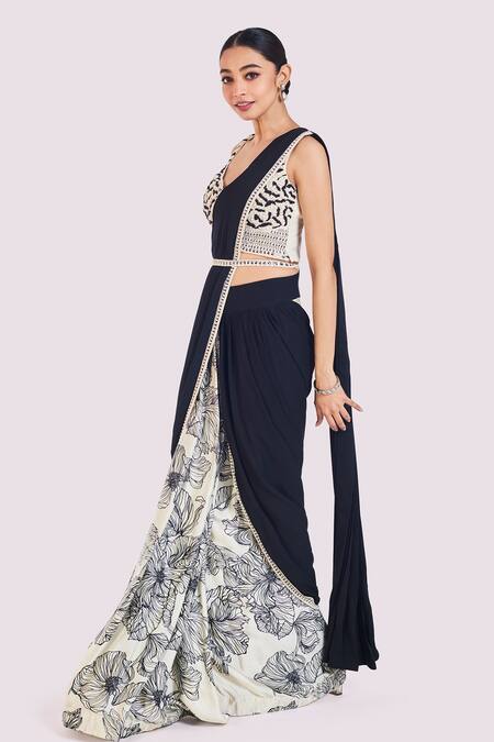 Shop_Onaya_Off White Georgette, Satin Cut Work V-neck Floral Print Pre-draped Saree Set _Online_at_Aza_Fashions