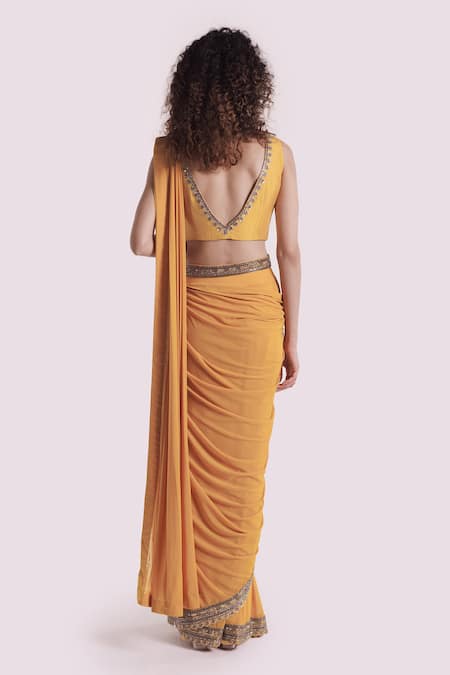 Shop Onaya Yellow Lycra Sequins, Beads, Mirrors Border Embroidered Pre Draped Saree Set at Aza Fashions Shop_Onaya_Yellow Lycra Sequins, Beads, Mirrors Border Embroidered Pre Draped Saree Set _at_Aza_Fashions