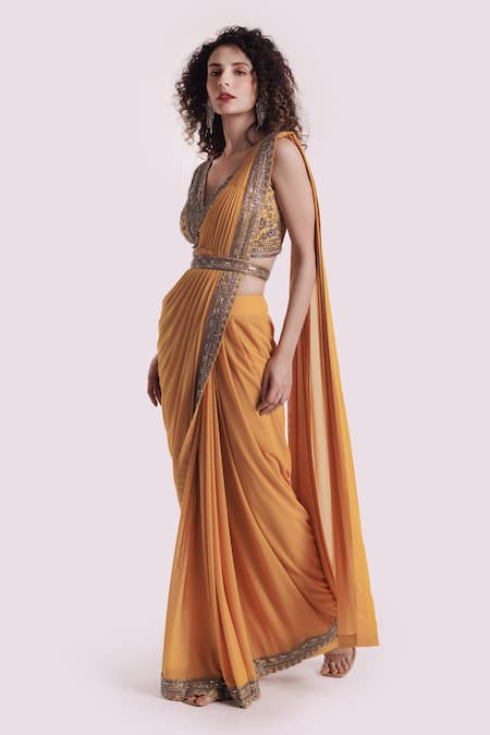 Onaya Yellow Lycra Sequins, Beads, Mirrors Border Embroidered Pre Draped Saree Set Online at Aza Fashions Onaya_Yellow Lycra Sequins, Beads, Mirrors Border Embroidered Pre Draped Saree Set _Online_at_Aza_Fashions