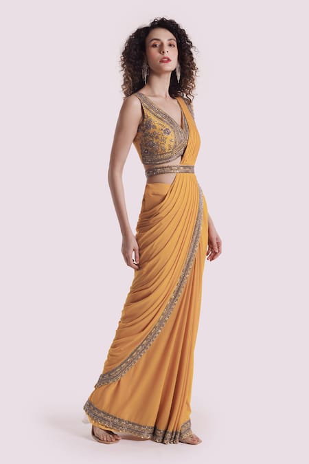 Buy Onaya Yellow Lycra Sequins, Beads, Mirrors Border Embroidered Pre Draped Saree Set Online at Aza Fashions Buy_Onaya_Yellow Lycra Sequins, Beads, Mirrors Border Embroidered Pre Draped Saree Set _Online_at_Aza_Fashions