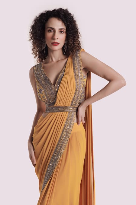 Shop Onaya Yellow Lycra Sequins, Beads, Mirrors Border Embroidered Pre Draped Saree Set Online at Aza Fashions Shop_Onaya_Yellow Lycra Sequins, Beads, Mirrors Border Embroidered Pre Draped Saree Set _Online_at_Aza_Fashions