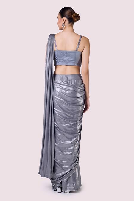 Shop Onaya Gray Lurex Sequins, Cut Work, Embroidery Plunge Neck Grey Pre-draped Saree Set at Aza Fashions Shop_Onaya_Gray Lurex Sequins, Cut Work, Embroidery Plunge Neck Grey Pre-draped Saree Set_at_Aza_Fashions