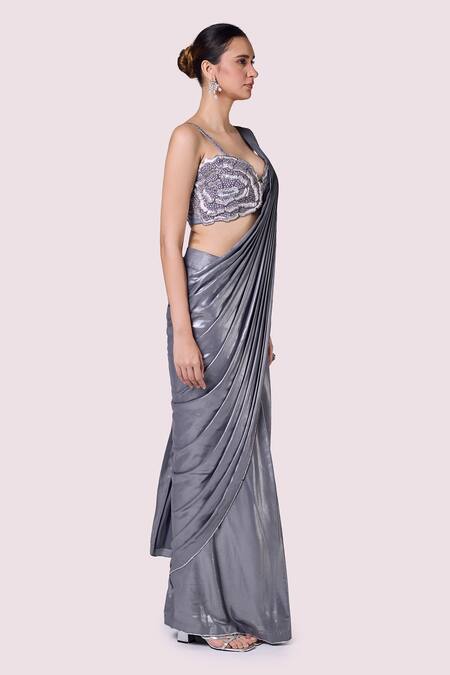Onaya Gray Lurex Sequins, Cut Work, Embroidery Plunge Neck Grey Pre-draped Saree Set Online at Aza Fashions Onaya_Gray Lurex Sequins, Cut Work, Embroidery Plunge Neck Grey Pre-draped Saree Set_Online_at_Aza_Fashions