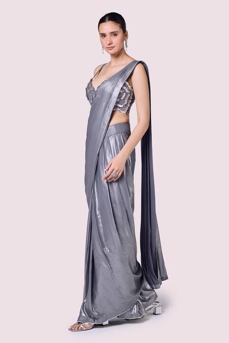Buy Onaya Gray Lurex Sequins, Cut Work, Embroidery Plunge Neck Grey Pre-draped Saree Set Online at Aza Fashions Buy_Onaya_Gray Lurex Sequins, Cut Work, Embroidery Plunge Neck Grey Pre-draped Saree Set_Online_at_Aza_Fashions