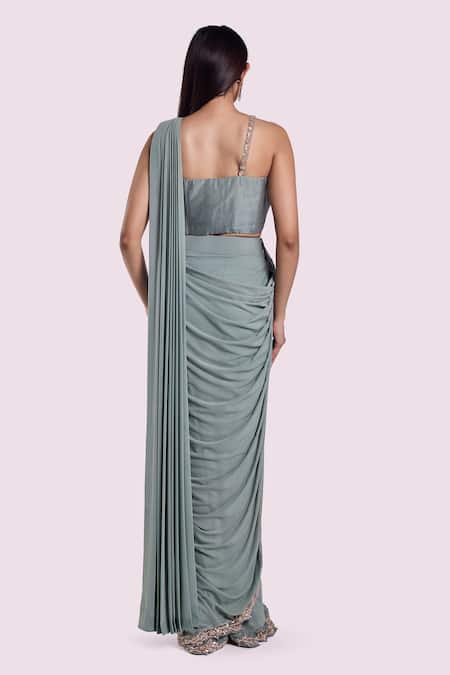 Shop_Onaya_Green Lycra, Net Embroidery, Diamonds, Pearls, Sequins Pre Draped Saree Set _at_Aza_Fashions