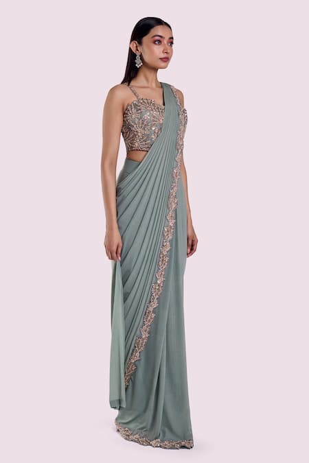 Onaya_Green Lycra, Net Embroidery, Diamonds, Pearls, Sequins Pre Draped Saree Set _Online_at_Aza_Fashions