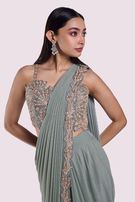 Buy_Onaya_Green Lycra, Net Embroidery, Diamonds, Pearls, Sequins Pre Draped Saree Set _Online_at_Aza_Fashions