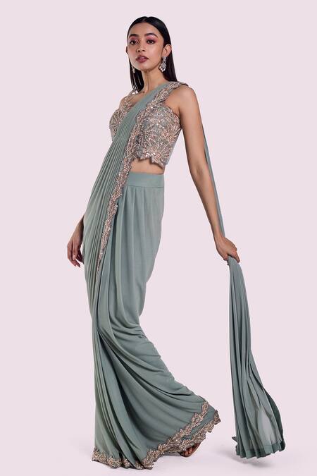 Shop_Onaya_Green Lycra, Net Embroidery, Diamonds, Pearls, Sequins Pre Draped Saree Set _Online_at_Aza_Fashions