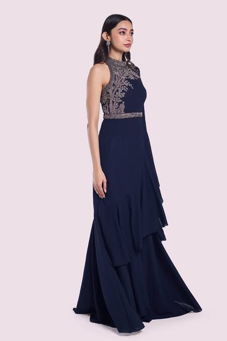 Onaya_Navy Georgette Beads, Sequins Asymmetric, High Neck Blue Embroidered Gown_Online_at_Aza_Fashions