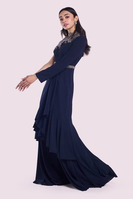 Buy_Onaya_Navy Georgette Beads, Sequins Asymmetric, High Neck Blue Embroidered Gown_Online_at_Aza_Fashions