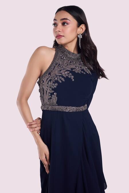 Shop_Onaya_Navy Georgette Beads, Sequins Asymmetric, High Neck Blue Embroidered Gown_Online_at_Aza_Fashions