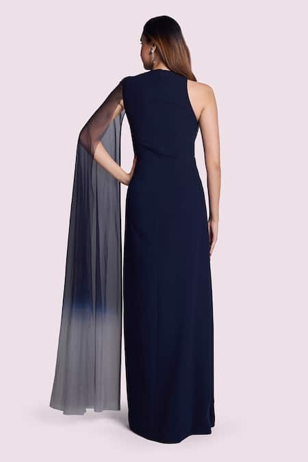 Onaya Embroidered One Shoulder Gown With Cape 