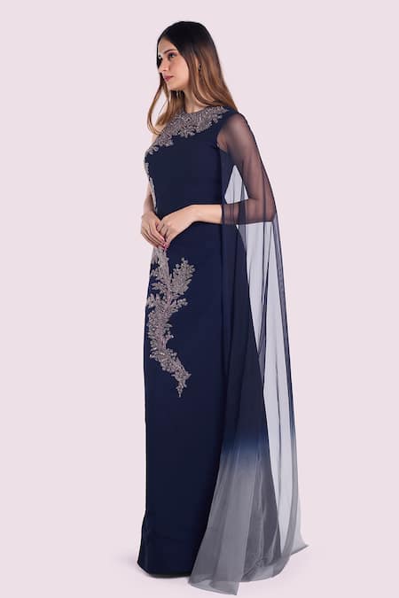 Buy_Onaya_Blue Georgette Embroidery Round Neck One Shoulder Gown With Cape _Online_at_Aza_Fashions