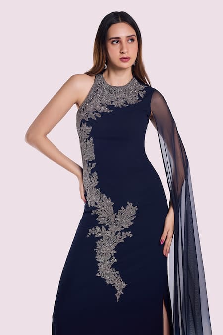 Shop_Onaya_Blue Georgette Embroidery Round Neck One Shoulder Gown With Cape _Online_at_Aza_Fashions