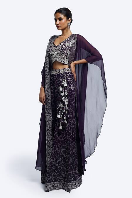Onaya_Purple Georgette, Chiffon Sequins V-neck Thread Work Sharara Set_Online_at_Aza_Fashions