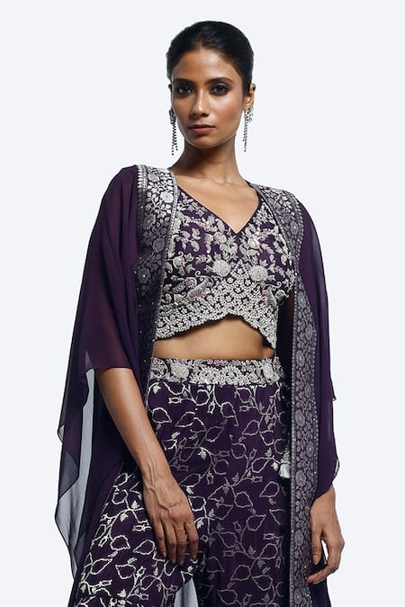 Shop_Onaya_Purple Georgette, Chiffon Sequins V-neck Thread Work Sharara Set_Online_at_Aza_Fashions