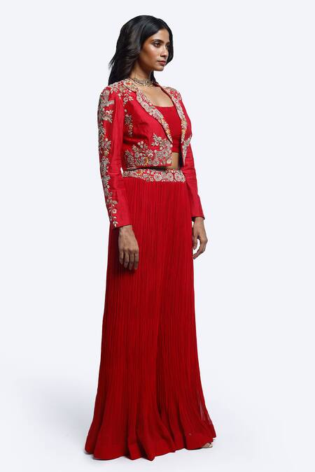 Onaya Red Silk, Georgette Zari, Embroidery Round Zardosi Work Jacket And Sharara Set Online at Aza Fashions Onaya_Red Silk, Georgette Zari, Embroidery Round Zardosi Work Jacket And Sharara Set _Online_at_Aza_Fashions