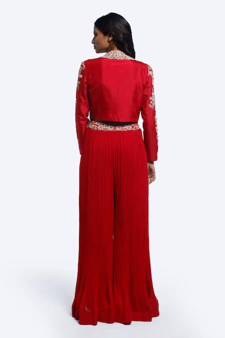 Shop Onaya Red Silk, Georgette Zari, Embroidery Round Zardosi Work Jacket And Sharara Set at Aza Fashions Shop_Onaya_Red Silk, Georgette Zari, Embroidery Round Zardosi Work Jacket And Sharara Set _at_Aza_Fashions