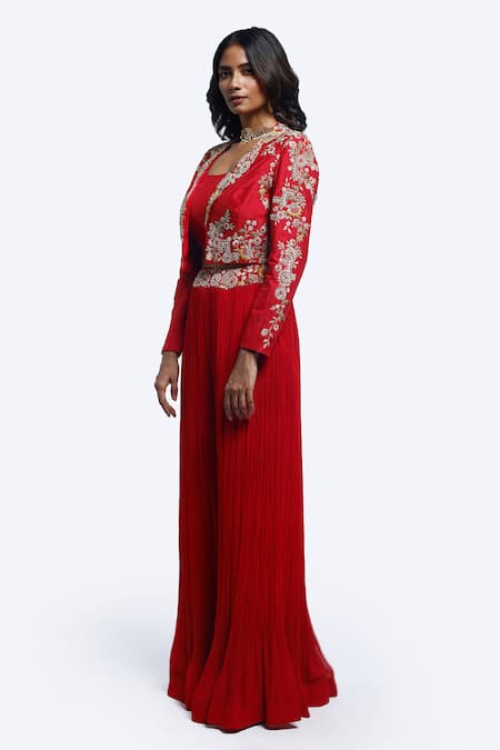 Buy Onaya Red Silk, Georgette Zari, Embroidery Round Zardosi Work Jacket And Sharara Set Online at Aza Fashions Buy_Onaya_Red Silk, Georgette Zari, Embroidery Round Zardosi Work Jacket And Sharara Set _Online_at_Aza_Fashions