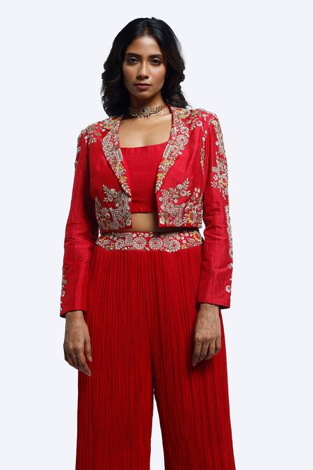 Shop Onaya Red Silk, Georgette Zari, Embroidery Round Zardosi Work Jacket And Sharara Set Online at Aza Fashions Shop_Onaya_Red Silk, Georgette Zari, Embroidery Round Zardosi Work Jacket And Sharara Set _Online_at_Aza_Fashions