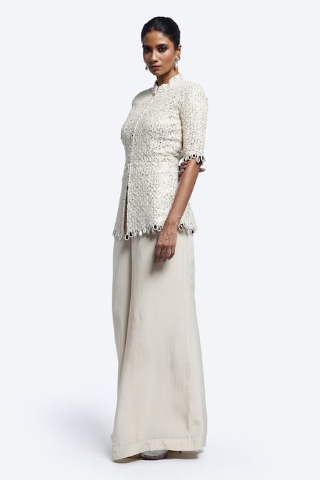 Onaya_Off White Chanderi, Crepe Mirrors Mandarin Work Peplum Tunic And Palazzo Set _Online_at_Aza_Fashions