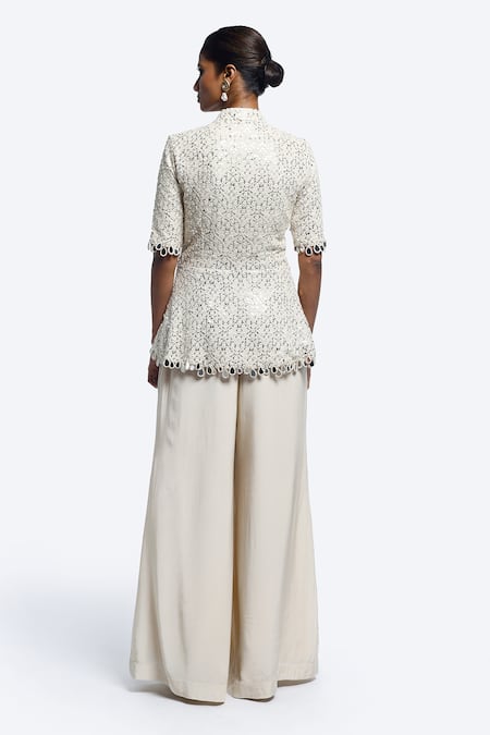 Shop_Onaya_Off White Chanderi, Crepe Mirrors Mandarin Work Peplum Tunic And Palazzo Set _at_Aza_Fashions