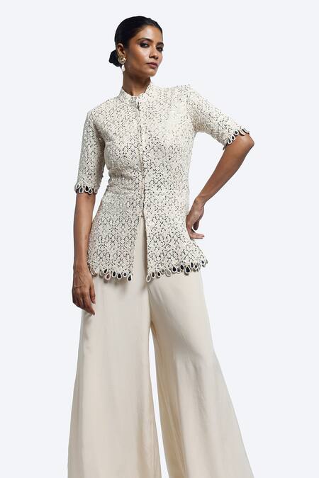 Buy_Onaya_Off White Chanderi, Crepe Mirrors Mandarin Work Peplum Tunic And Palazzo Set _Online_at_Aza_Fashions