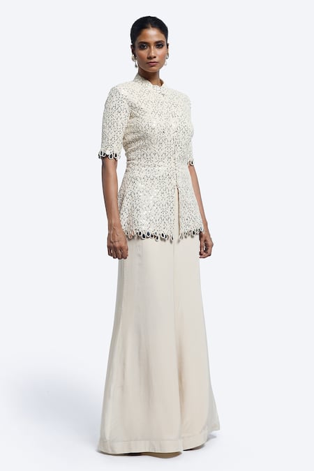 Shop_Onaya_Off White Chanderi, Crepe Mirrors Mandarin Work Peplum Tunic And Palazzo Set _Online_at_Aza_Fashions