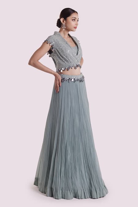 Onaya_Blue Georgette Mirrors, Pom-poms V-neck Dusky Work Fusion Set_Online_at_Aza_Fashions