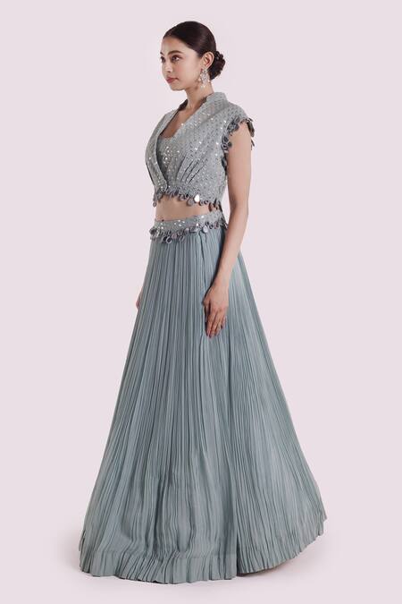 Buy_Onaya_Blue Georgette Mirrors, Pom-poms V-neck Dusky Work Fusion Set_Online_at_Aza_Fashions