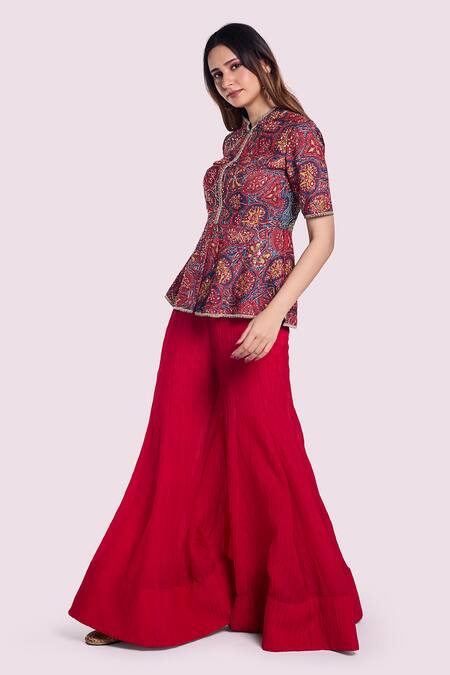 Onaya_Multi Color Silk, Crepe Sequins Blue-red Embroidered Peplum Tunic And Pant Set _Online_at_Aza_Fashions