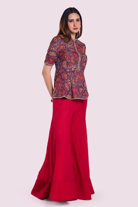 Buy_Onaya_Multi Color Silk, Crepe Sequins Blue-red Embroidered Peplum Tunic And Pant Set _Online_at_Aza_Fashions