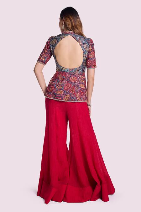 Shop_Onaya_Multi Color Silk, Crepe Sequins Blue-red Embroidered Peplum Tunic And Pant Set _at_Aza_Fashions