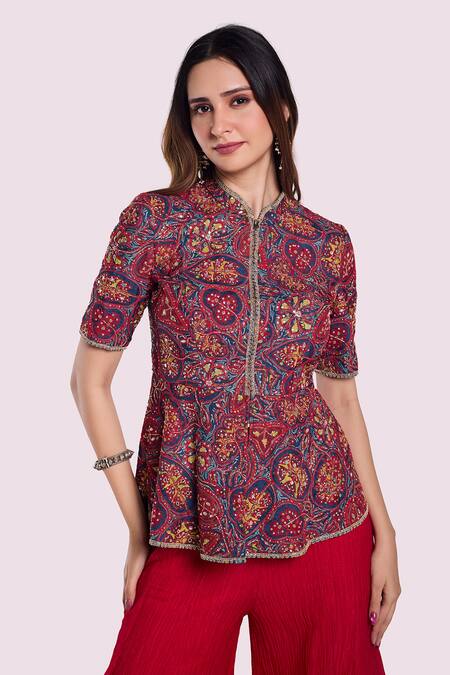 Shop_Onaya_Multi Color Silk, Crepe Sequins Blue-red Embroidered Peplum Tunic And Pant Set _Online_at_Aza_Fashions
