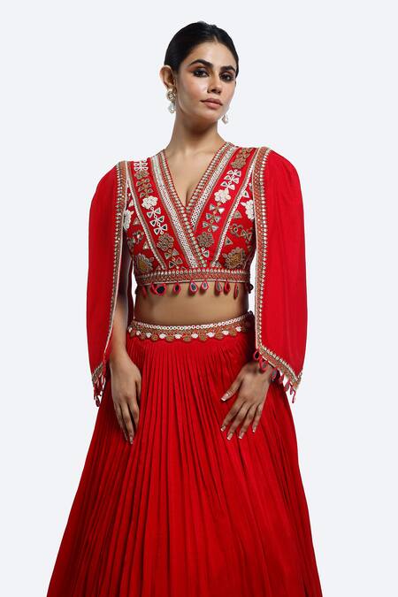 Shop Onaya Red Silk Sequins V-neck Thread Work Fusion Style Kurta Set Online at Aza Fashions Shop_Onaya_Red Silk Sequins V-neck Thread Work Fusion Style Kurta Set _Online_at_Aza_Fashions