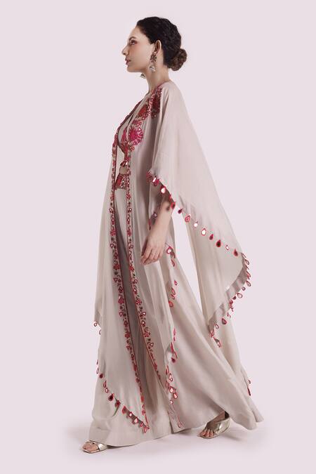 Onaya Off White Silk Sequins, Mirrors, Embroidery V-neck Cape And Pant Set Online at Aza Fashions Onaya_Off White Silk Sequins, Mirrors, Embroidery V-neck Cape And Pant Set _Online_at_Aza_Fashions