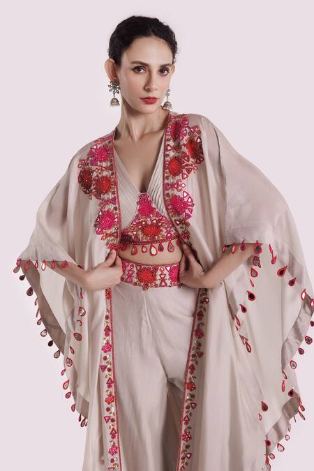 Buy Onaya Off White Silk Sequins, Mirrors, Embroidery V-neck Cape And Pant Set Online at Aza Fashions Buy_Onaya_Off White Silk Sequins, Mirrors, Embroidery V-neck Cape And Pant Set _Online_at_Aza_Fashions
