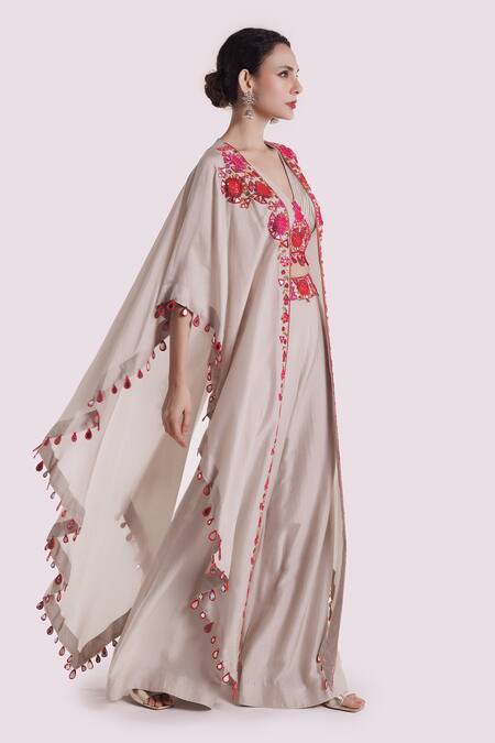 Shop Onaya Off White Silk Sequins, Mirrors, Embroidery V-neck Cape And Pant Set Online at Aza Fashions Shop_Onaya_Off White Silk Sequins, Mirrors, Embroidery V-neck Cape And Pant Set _Online_at_Aza_Fashions
