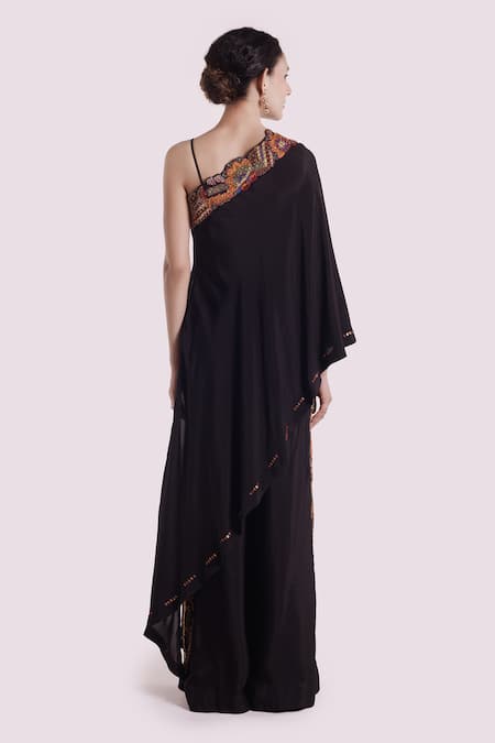 Shop Onaya Black Silk Sequins, Embroidery Asymmetric Kaftan And Pant Set at Aza Fashions Shop_Onaya_Black Silk Sequins, Embroidery Asymmetric Kaftan And Pant Set _at_Aza_Fashions