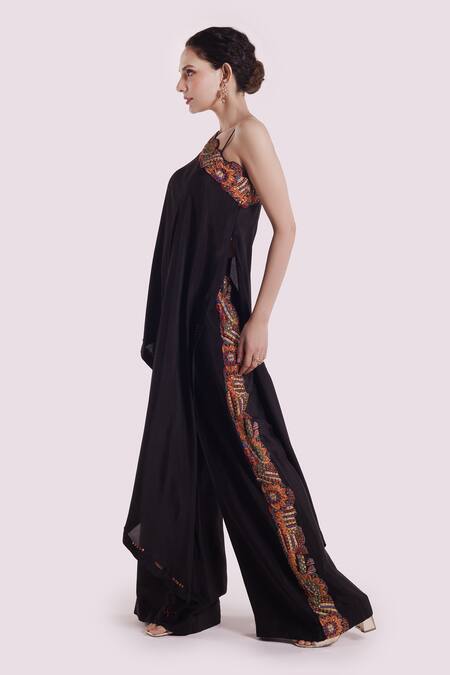 Buy Onaya Black Silk Sequins, Embroidery Asymmetric Kaftan And Pant Set Online at Aza Fashions Buy_Onaya_Black Silk Sequins, Embroidery Asymmetric Kaftan And Pant Set _Online_at_Aza_Fashions